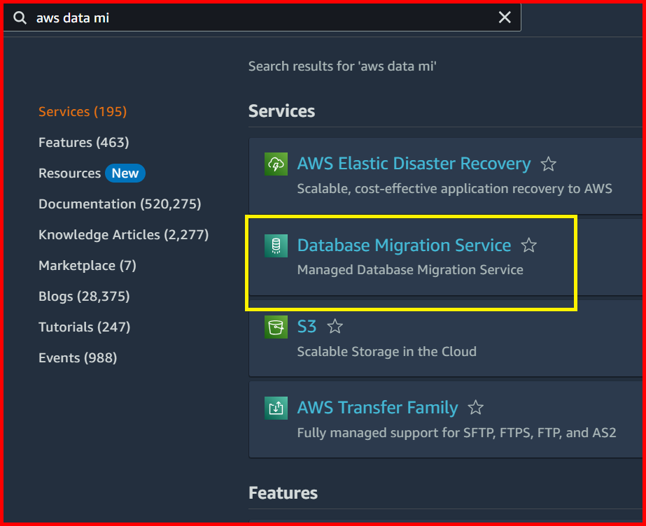 Picture showing the Database Migration Service in search console